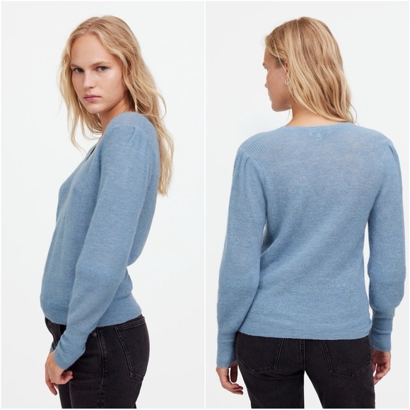 Madewell Sweater Alpaca-Blend Deep V-Neck Long Sleeve Hthr Blue Jeans M - Picture 2 of 12